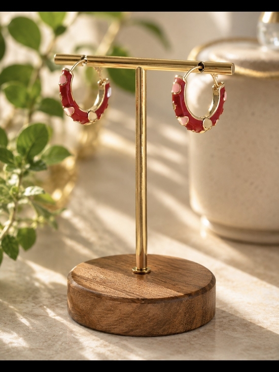 Jewelry - Gold Hoop Cloisone Style Earrings with Red Enamel Accents
